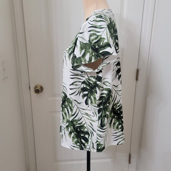 Hilary Radley Size L White with Green Palm Leaf Pattern V Neck Blouse - Picture 3 of 12
